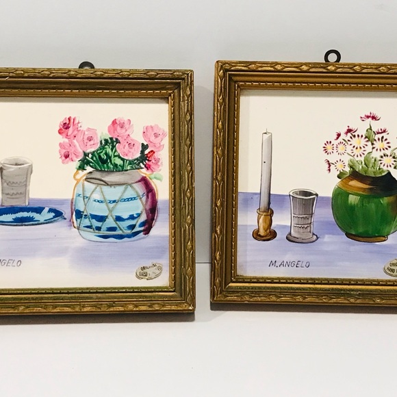 Vintage Hand Painted Ceramic Pair of Decorative Tiles by M. Angelo 5”-5” - Picture 10 of 10